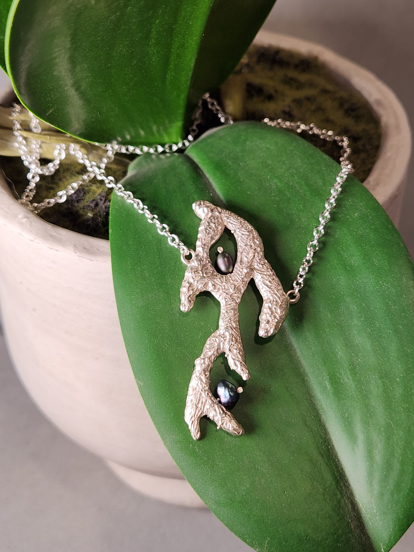 Silver Coral Necklace with Blue Pearl Accents