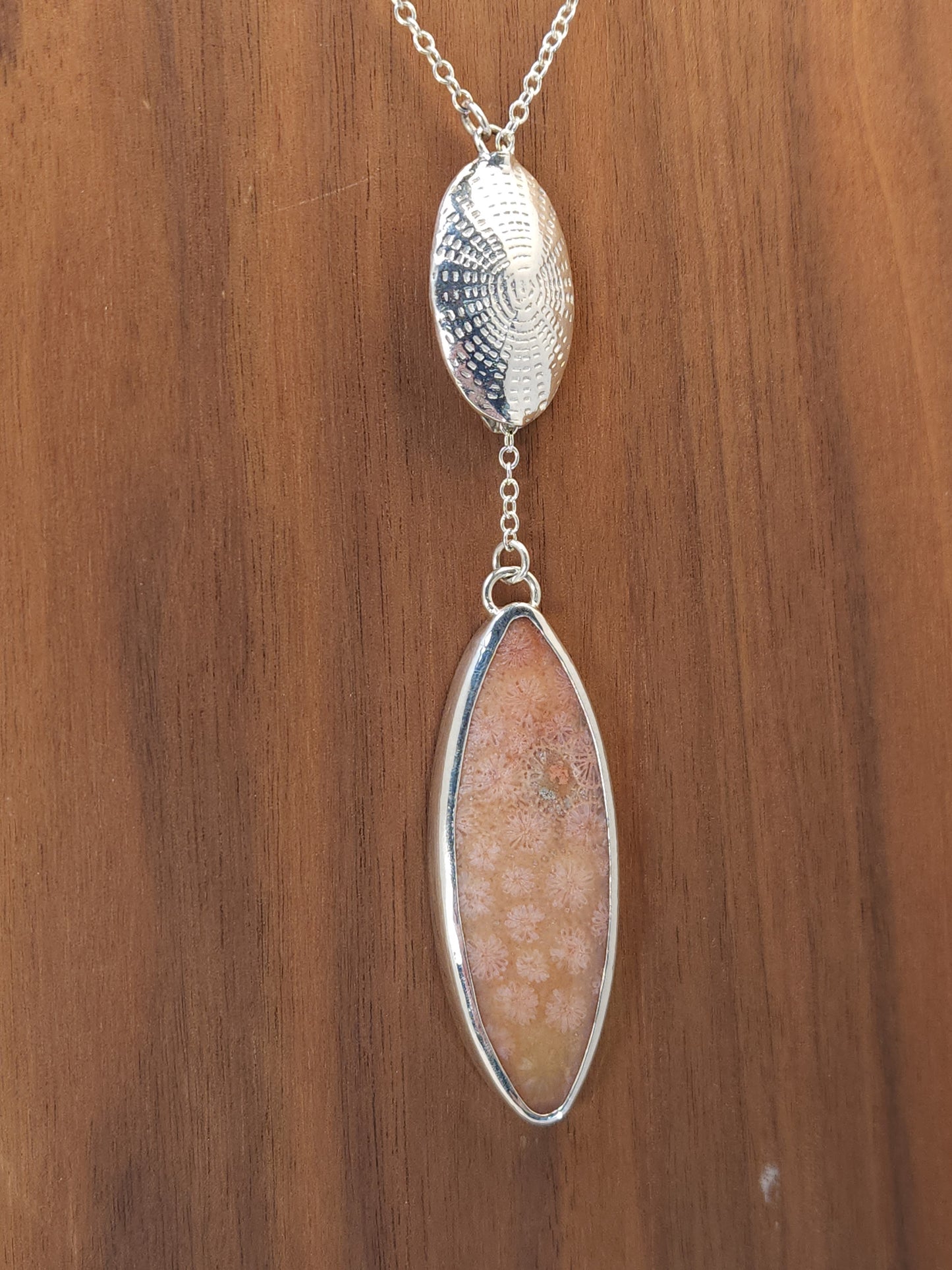 Pink Petoskey Stone Lariat Silver Pendant