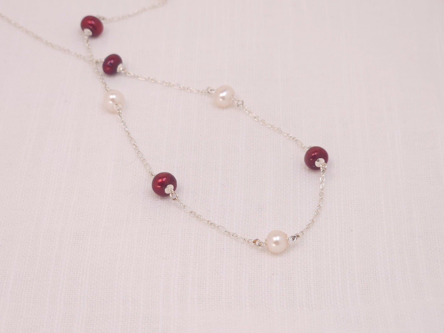 Scarlet and White Freshwater Pearl Silver Station Necklace