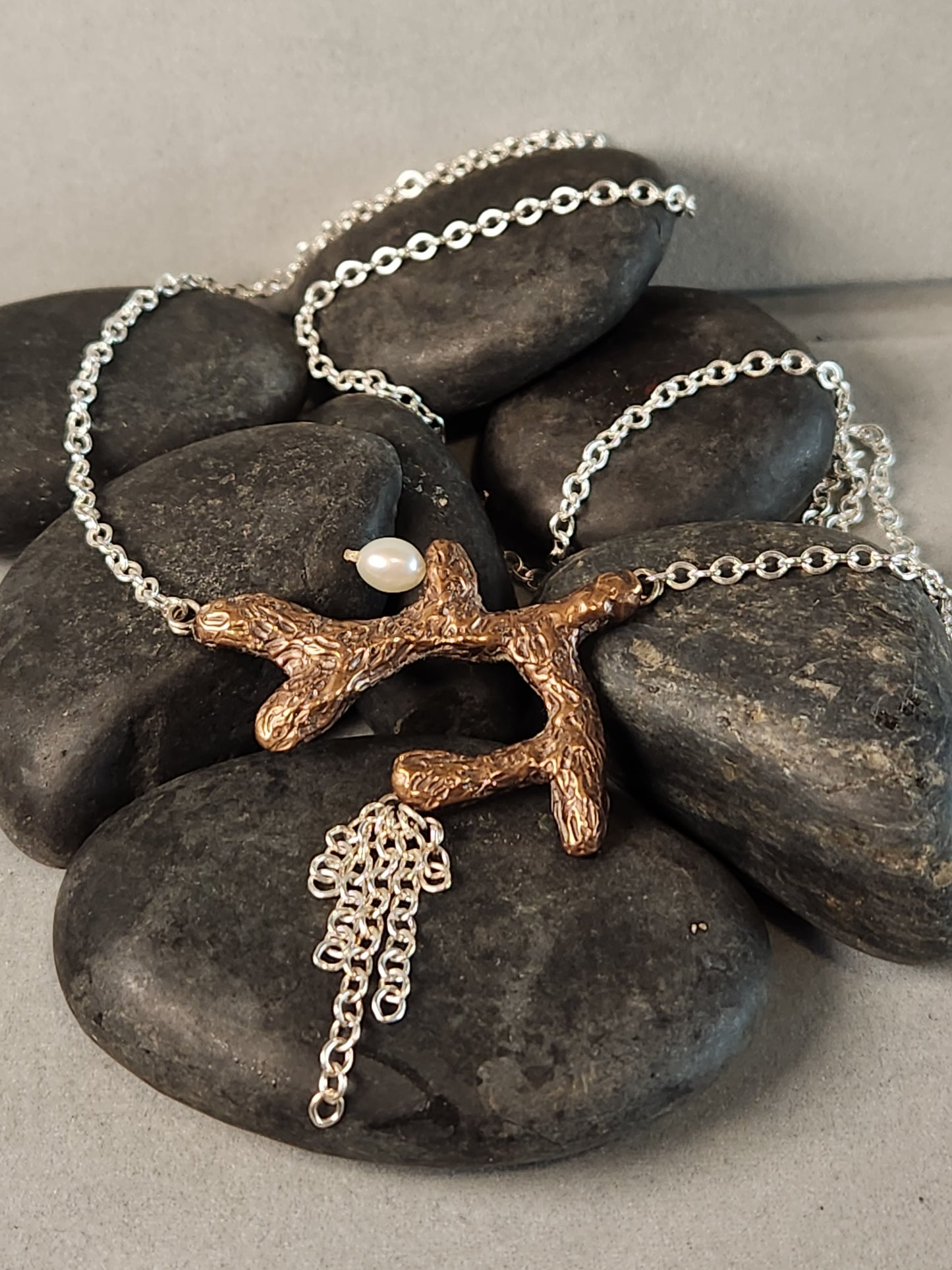 Bronze Coral and Freshwater Pearl Pendant (Medium)