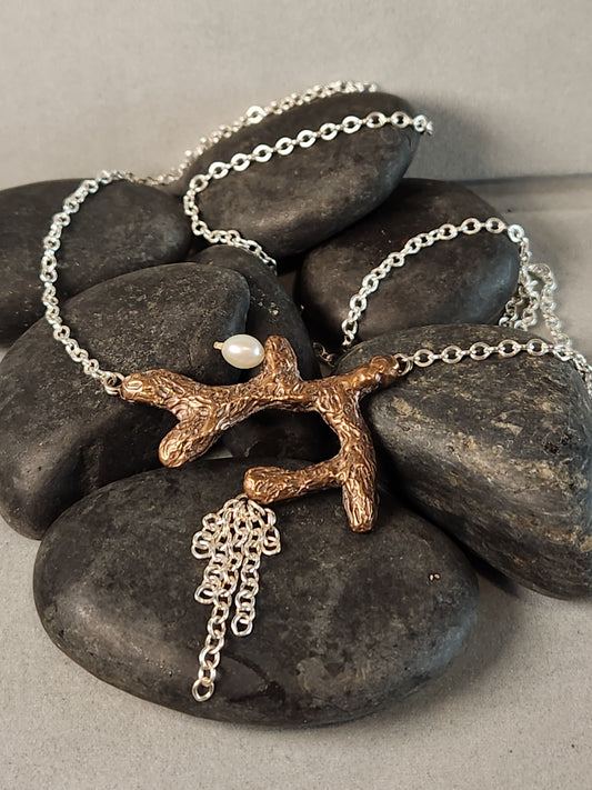 Bronze Coral and Freshwater Pearl Pendant (Medium)