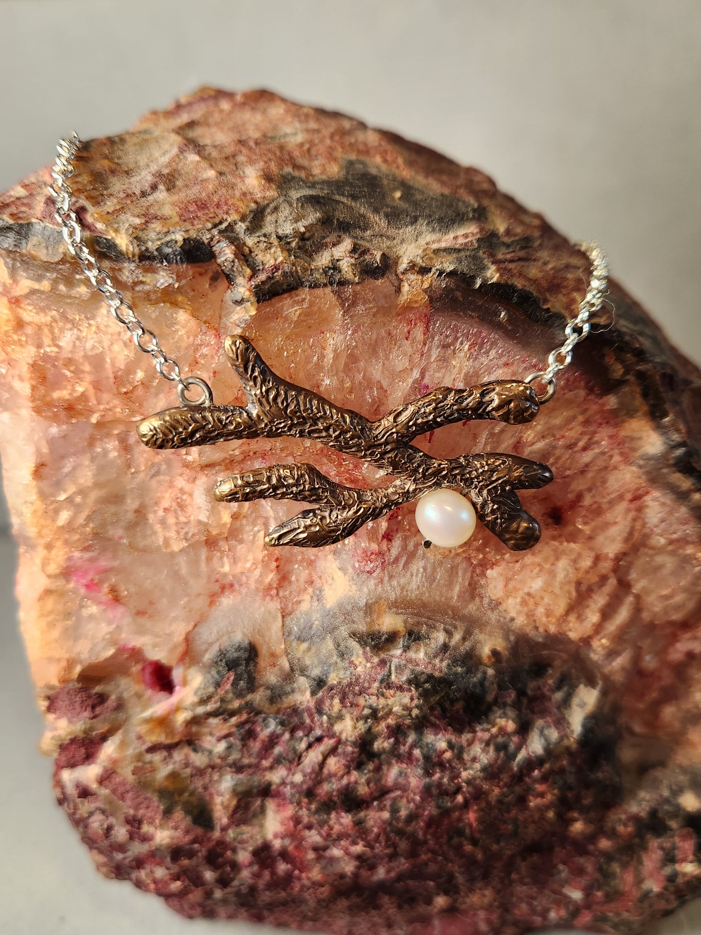 Bronze Coral and Freshwater Pearl Pendant (Large)