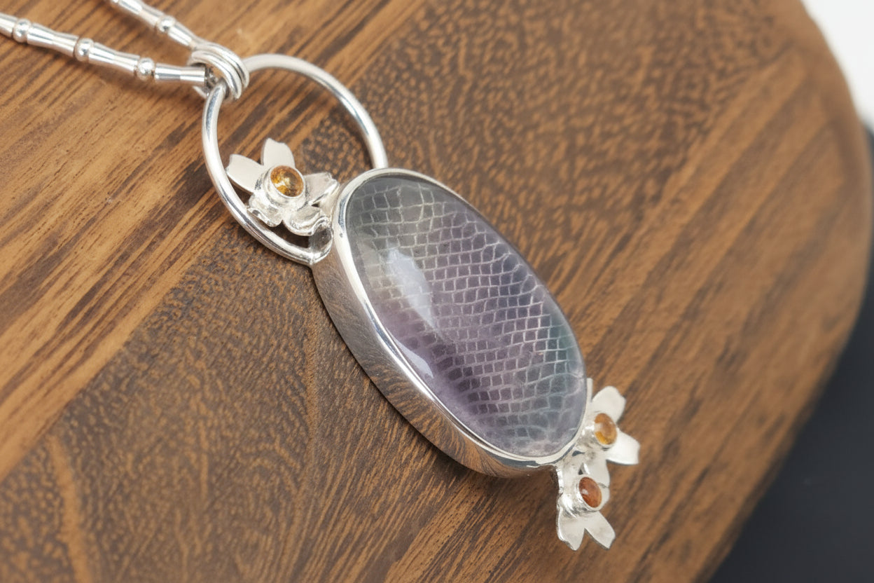 Rainbow Fluorite and Citrine Sterling Silver Pendant