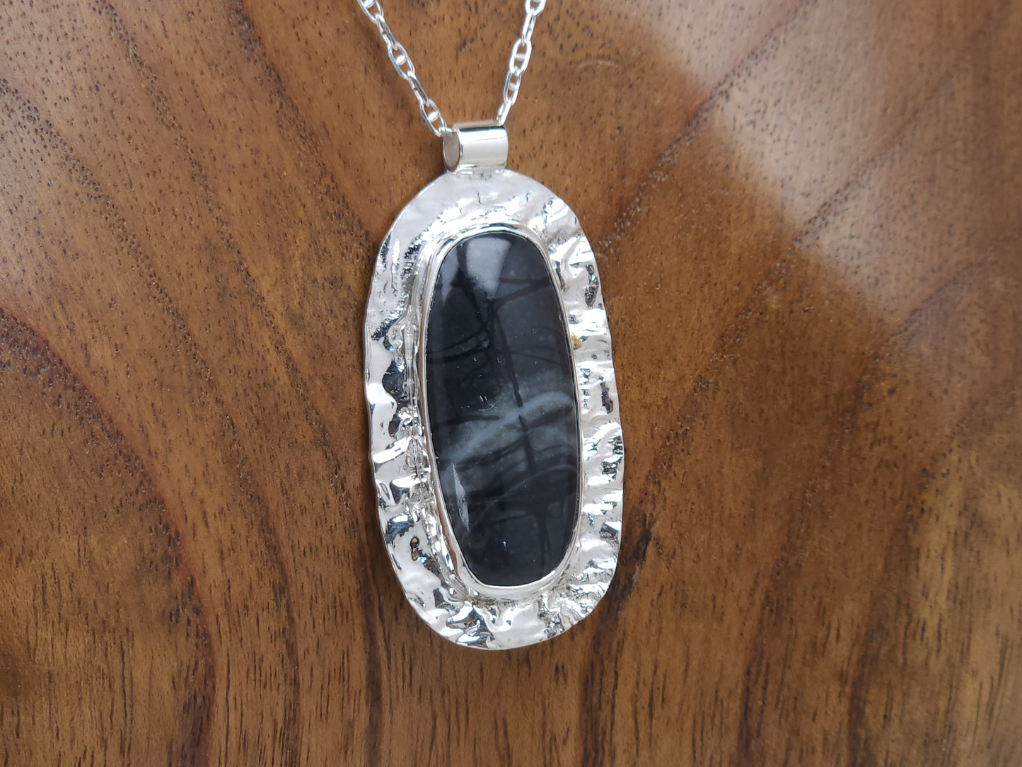 Black Picasso Marble Reticulation Silver Pendant