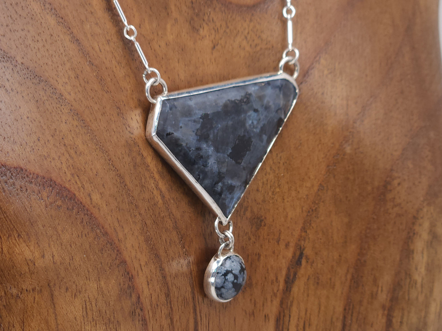 Larvikite and Snowflake Obsidian Silver Pendant