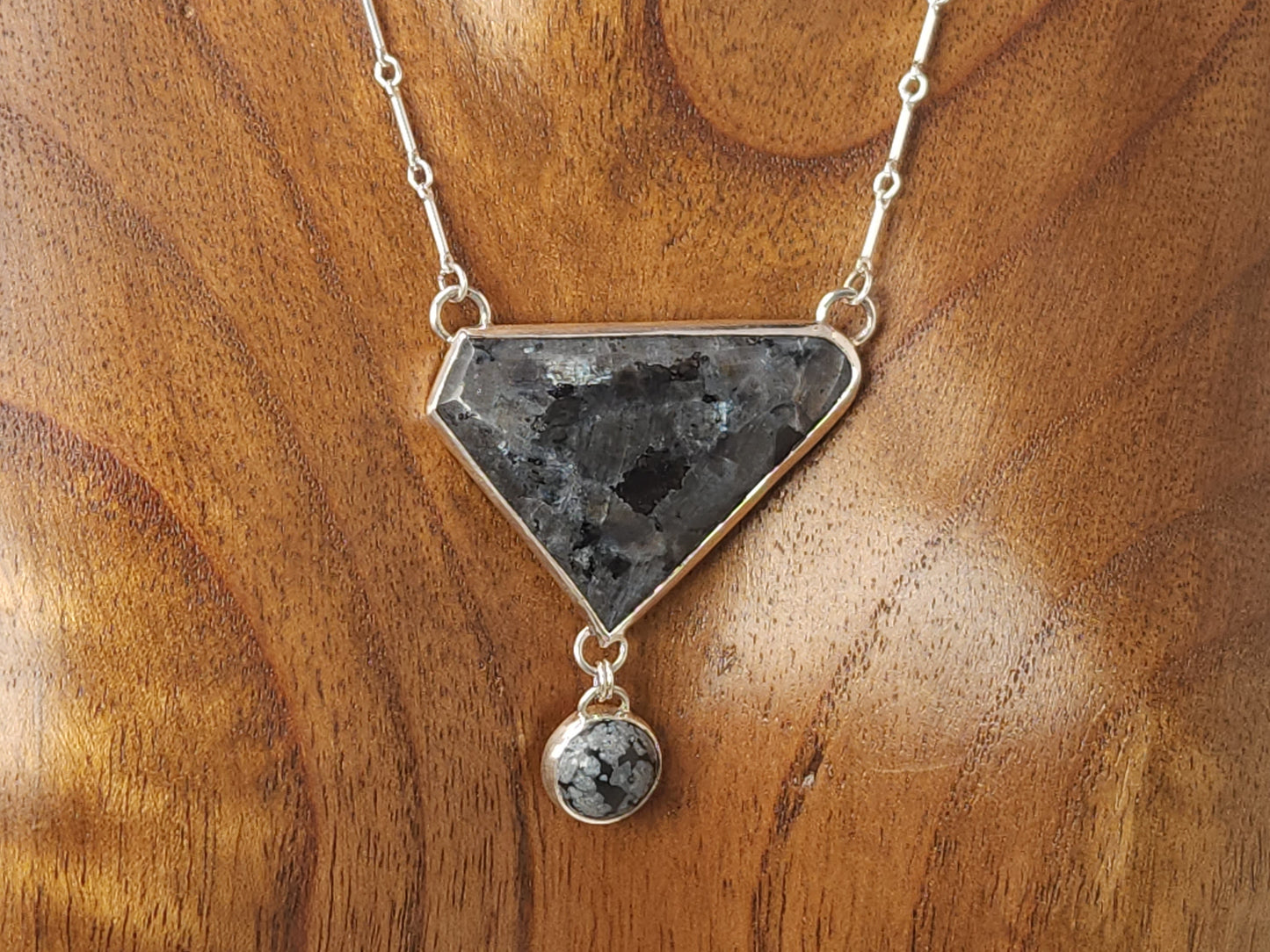 Larvikite and Snowflake Obsidian Silver Pendant
