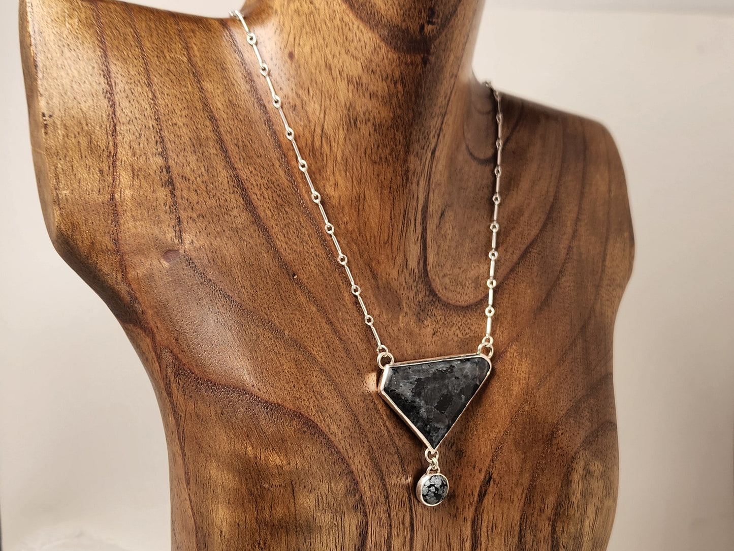 Larvikite and Snowflake Obsidian Silver Pendant