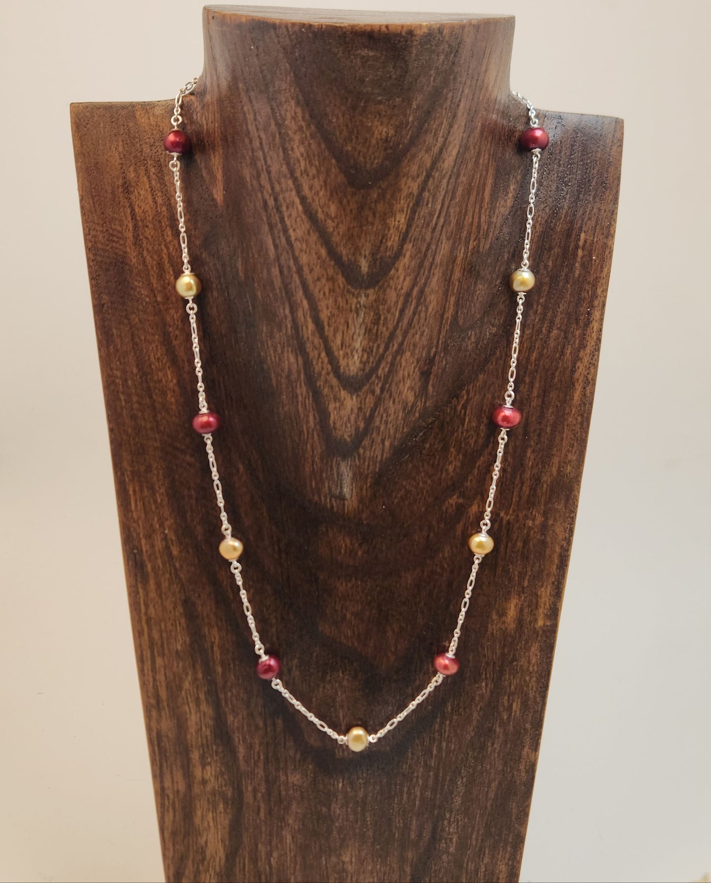 Scarlet and Gold Freshwater Pearl Silver Station Necklace