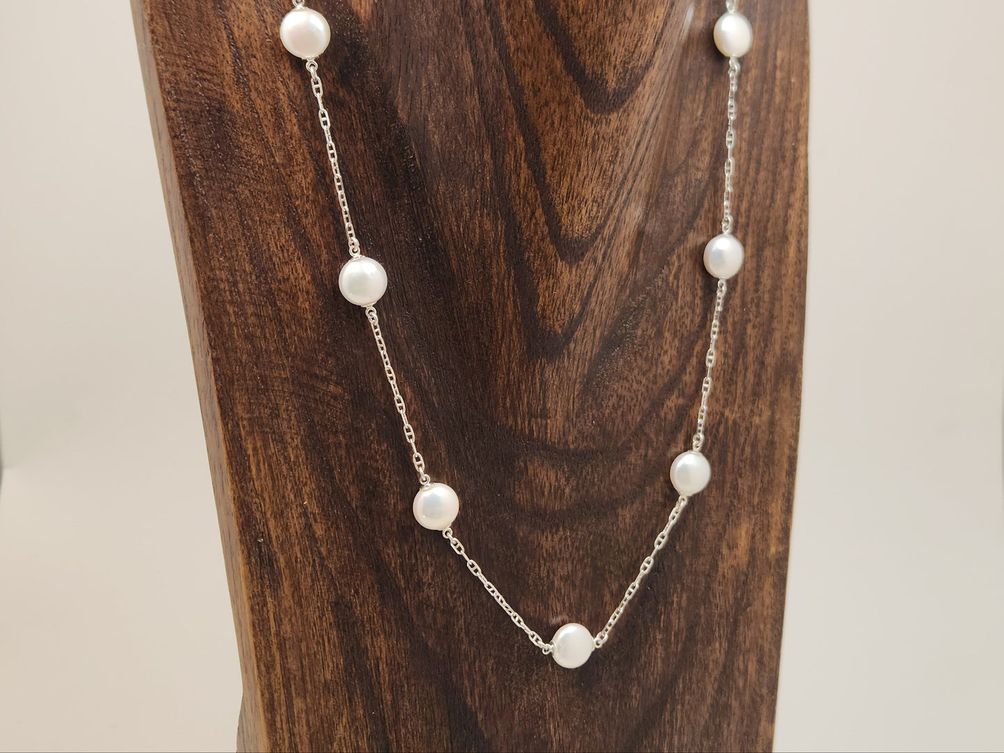 White Coin Freshwater Pearl Silver Station Necklace
