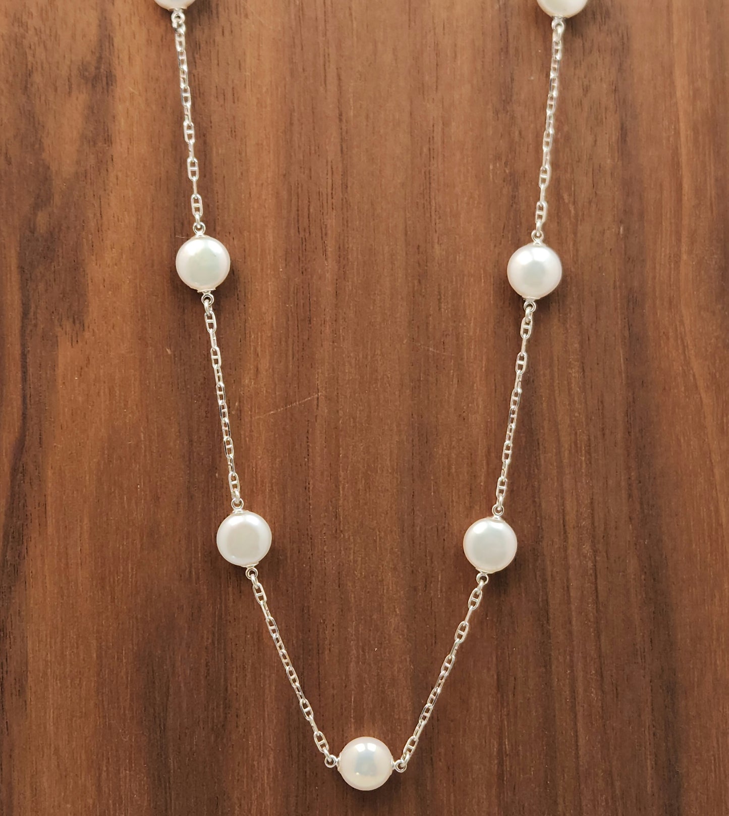 White Coin Freshwater Pearl Silver Station Necklace