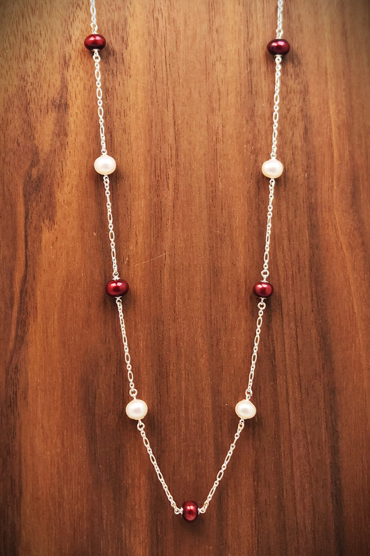 Scarlet and White Freshwater Pearl Silver Station Necklace
