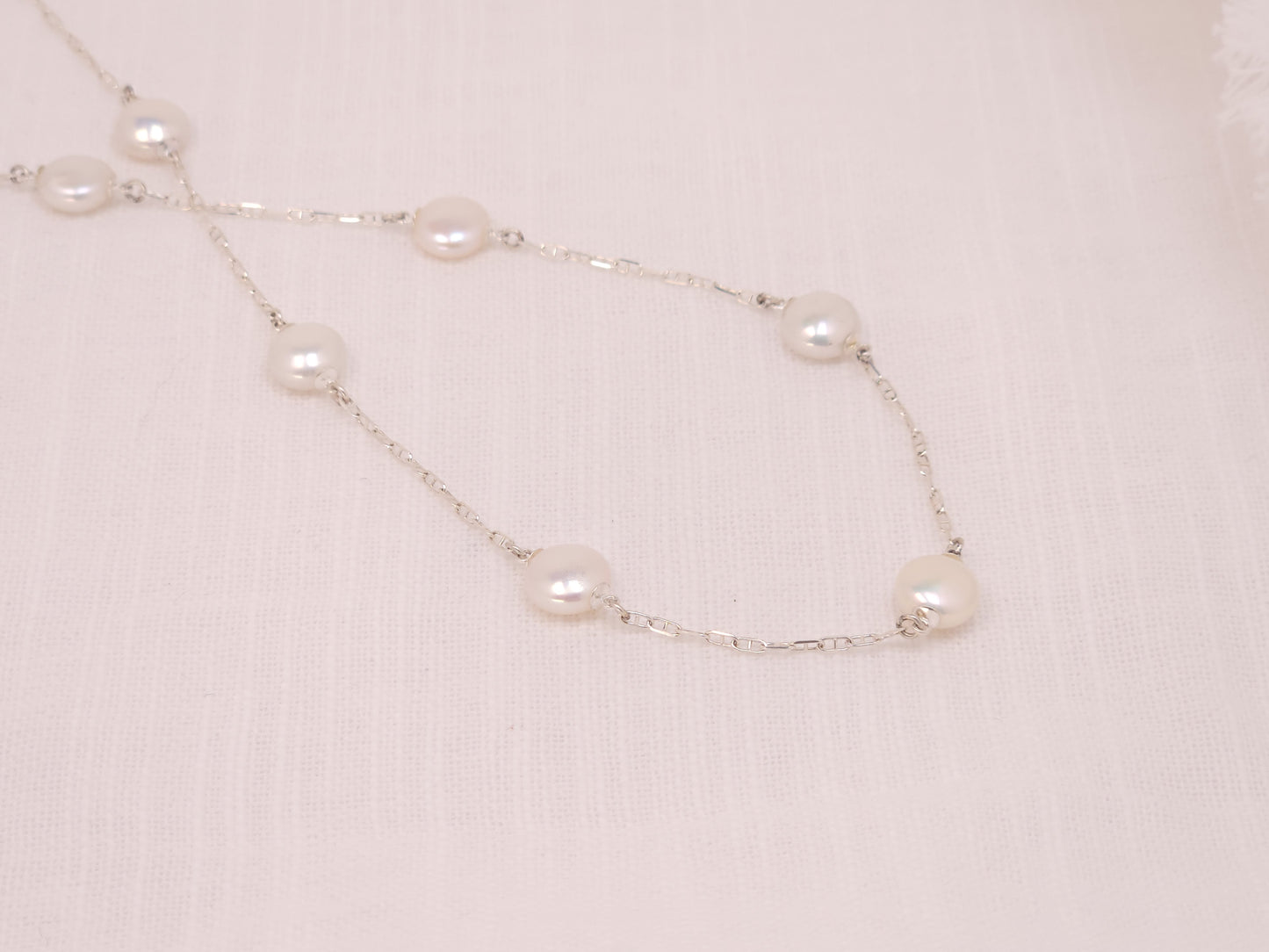 White Coin Freshwater Pearl Silver Station Necklace