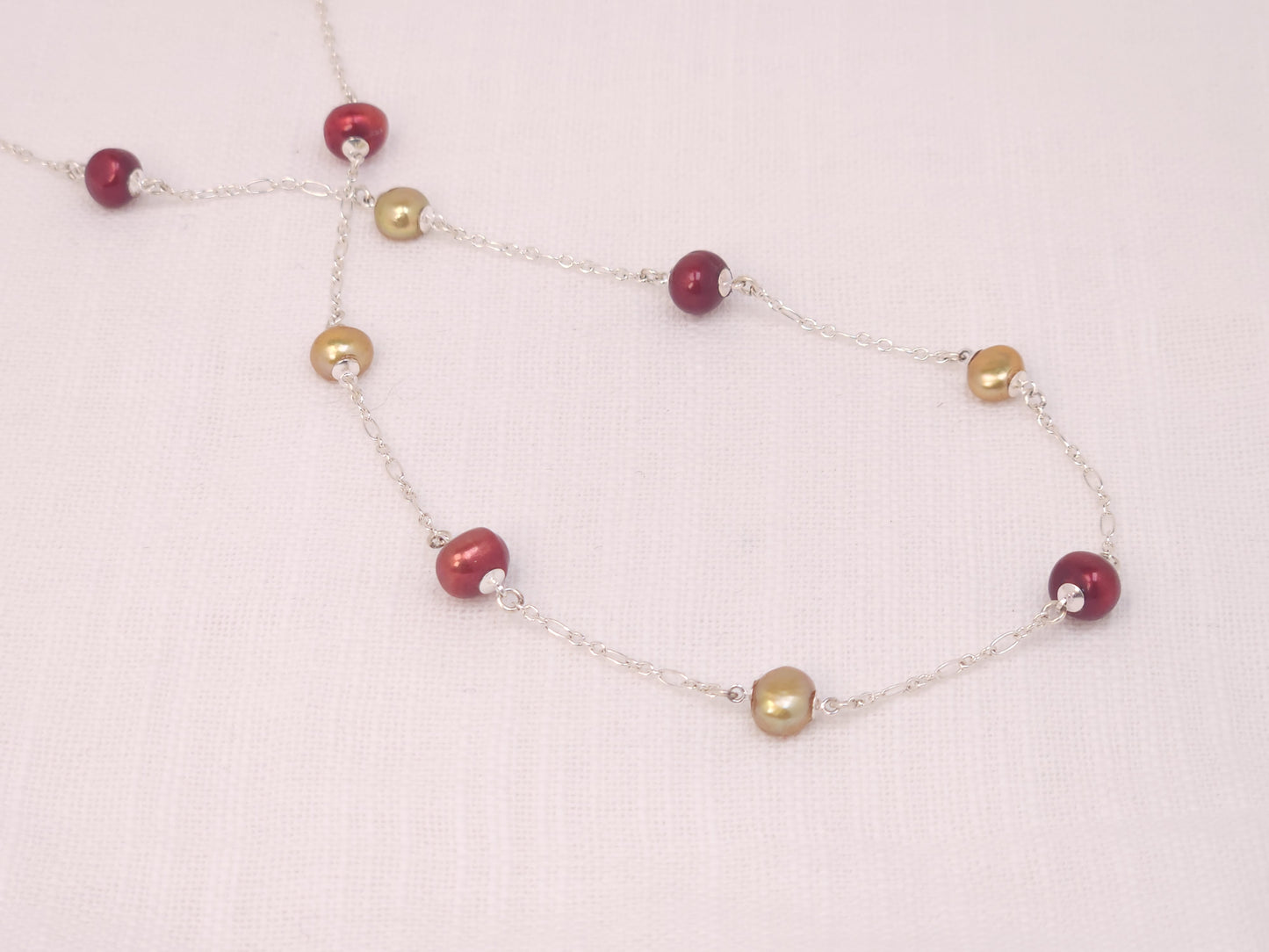 Scarlet and Gold Freshwater Pearl Silver Station Necklace