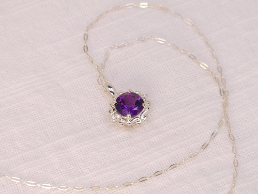 Amethyst Silver Pendant with Diamond Accents