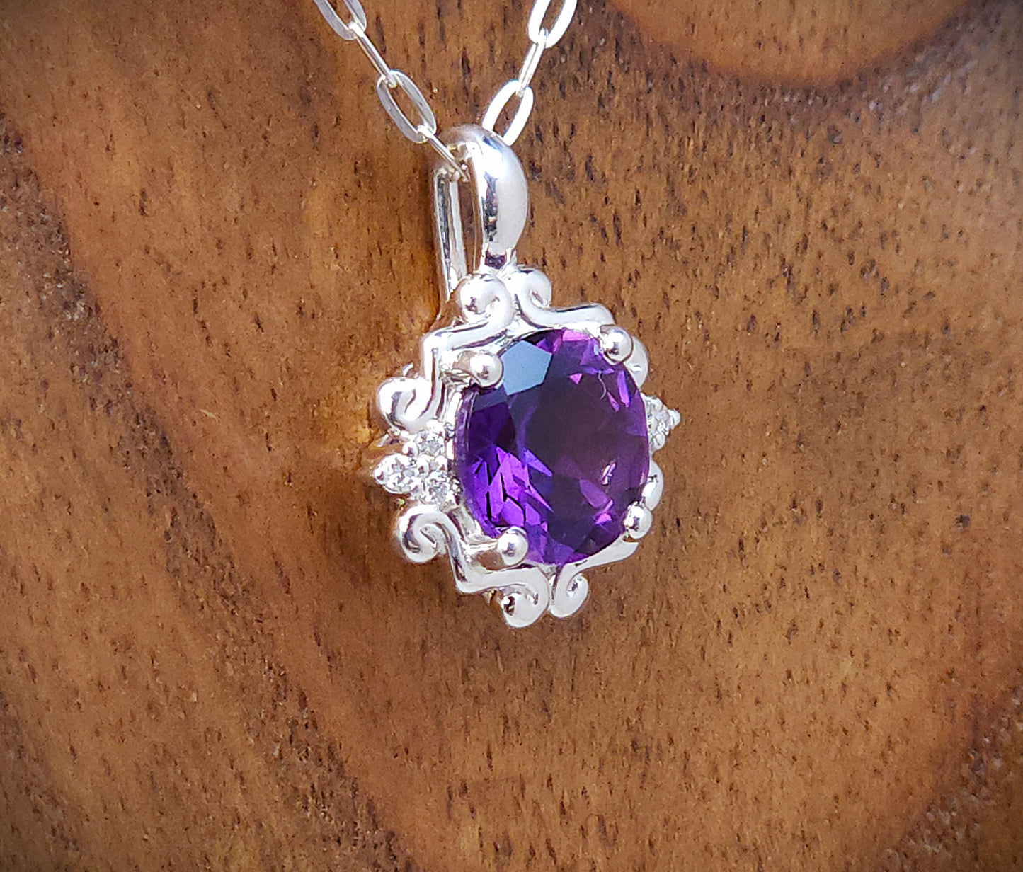Amethyst Silver Pendant with Diamond Accents