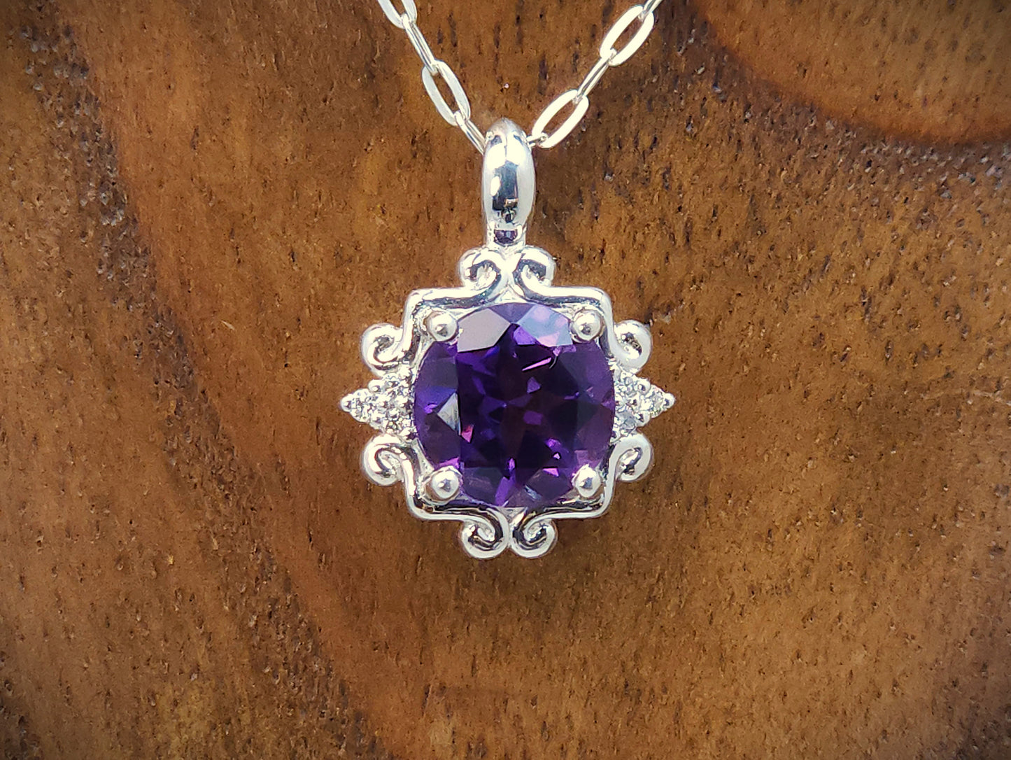 Amethyst Silver Pendant with Diamond Accents