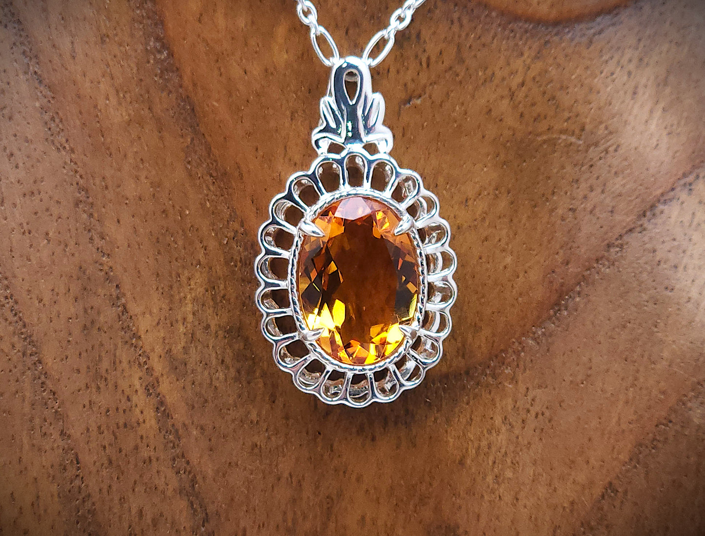 Oval Citrine Filigree Silver Pendant