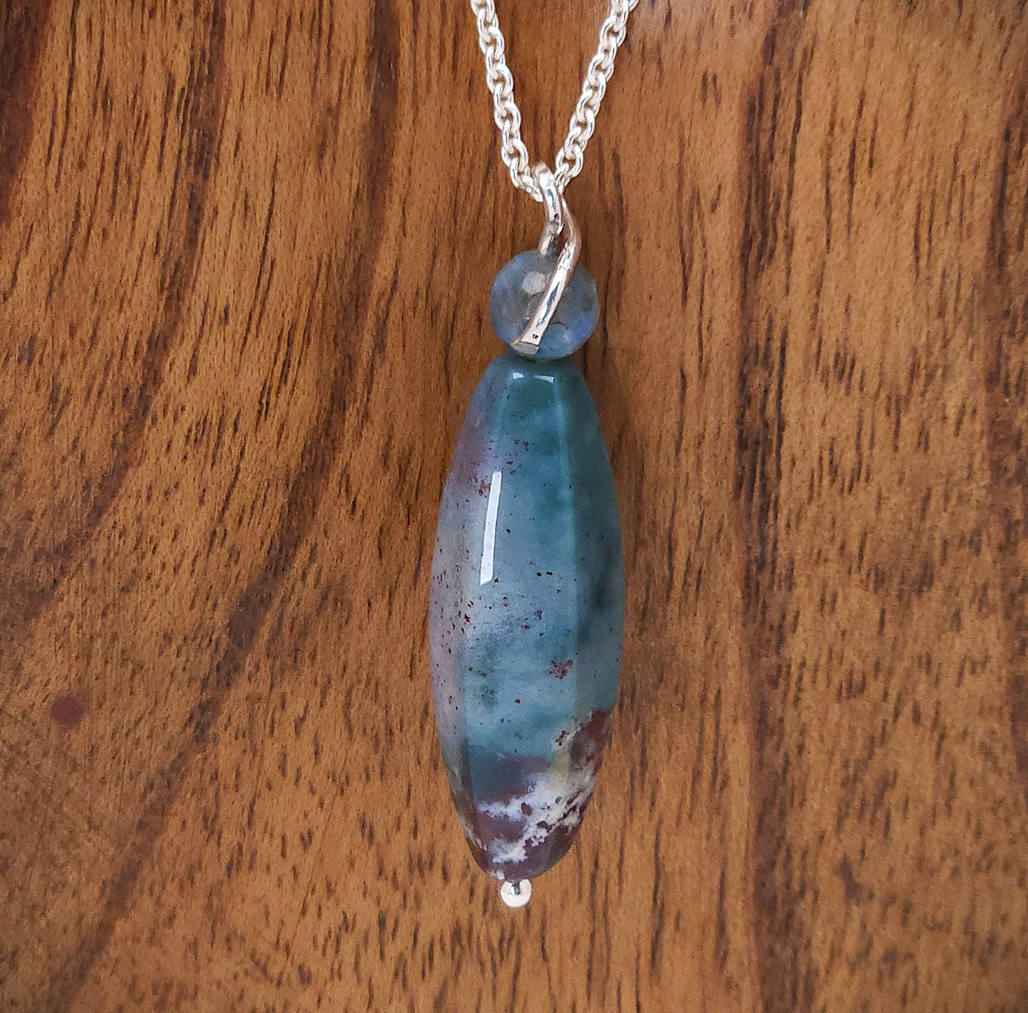 Fancy Jasper and Azurite Long Drop Silver Pendant