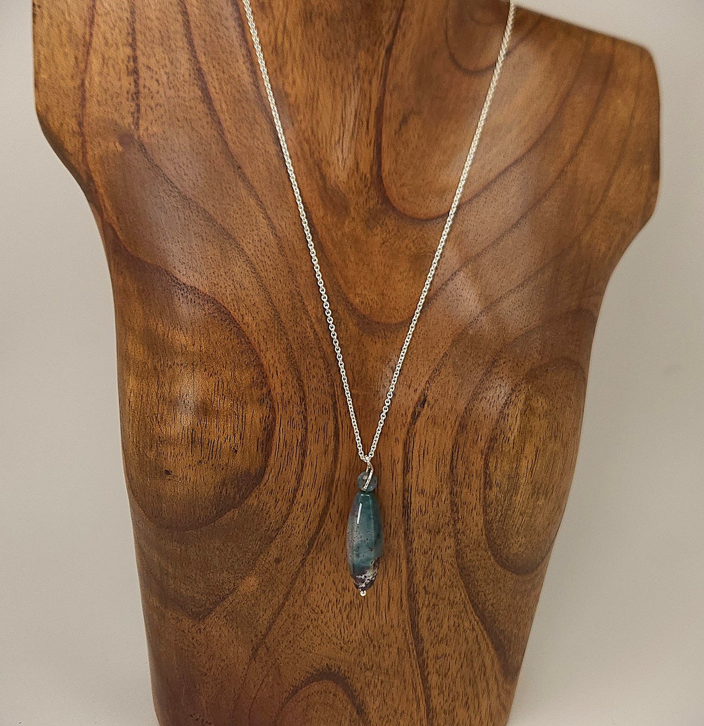 Fancy Jasper and Azurite Long Drop Silver Pendant