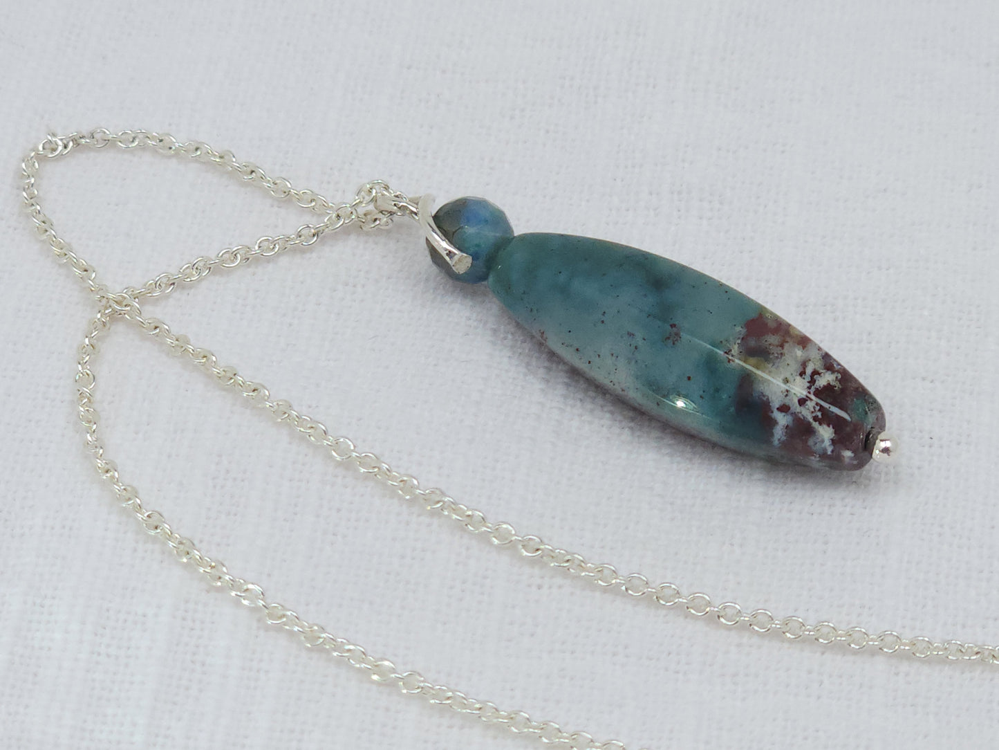 Fancy Jasper and Azurite Long Drop Silver Pendant