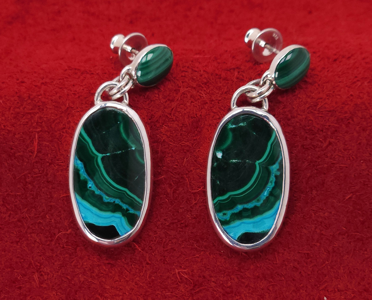 Chrysocolla Malachite Silver Dangle Earrings