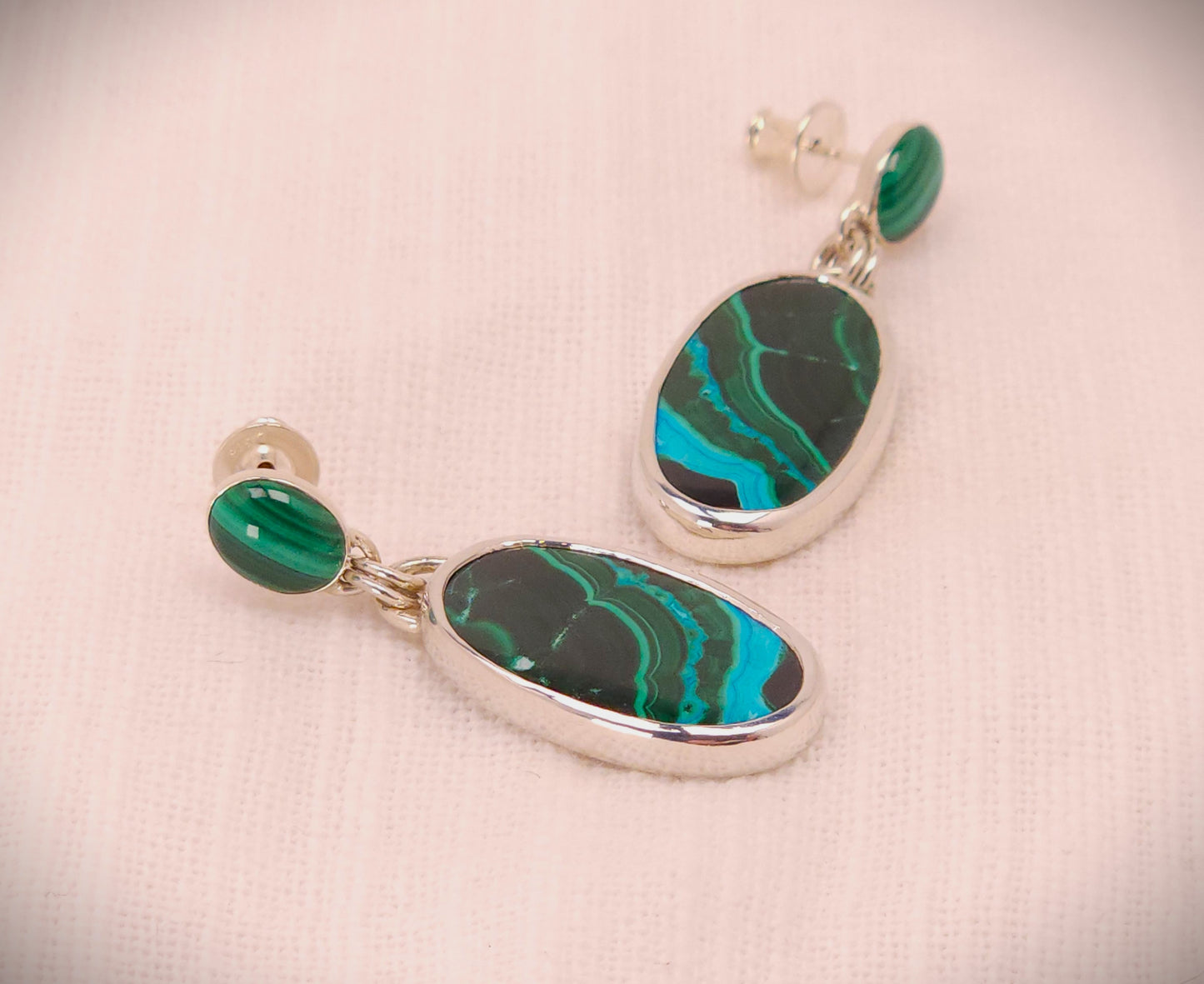 Chrysocolla Malachite Silver Dangle Earrings