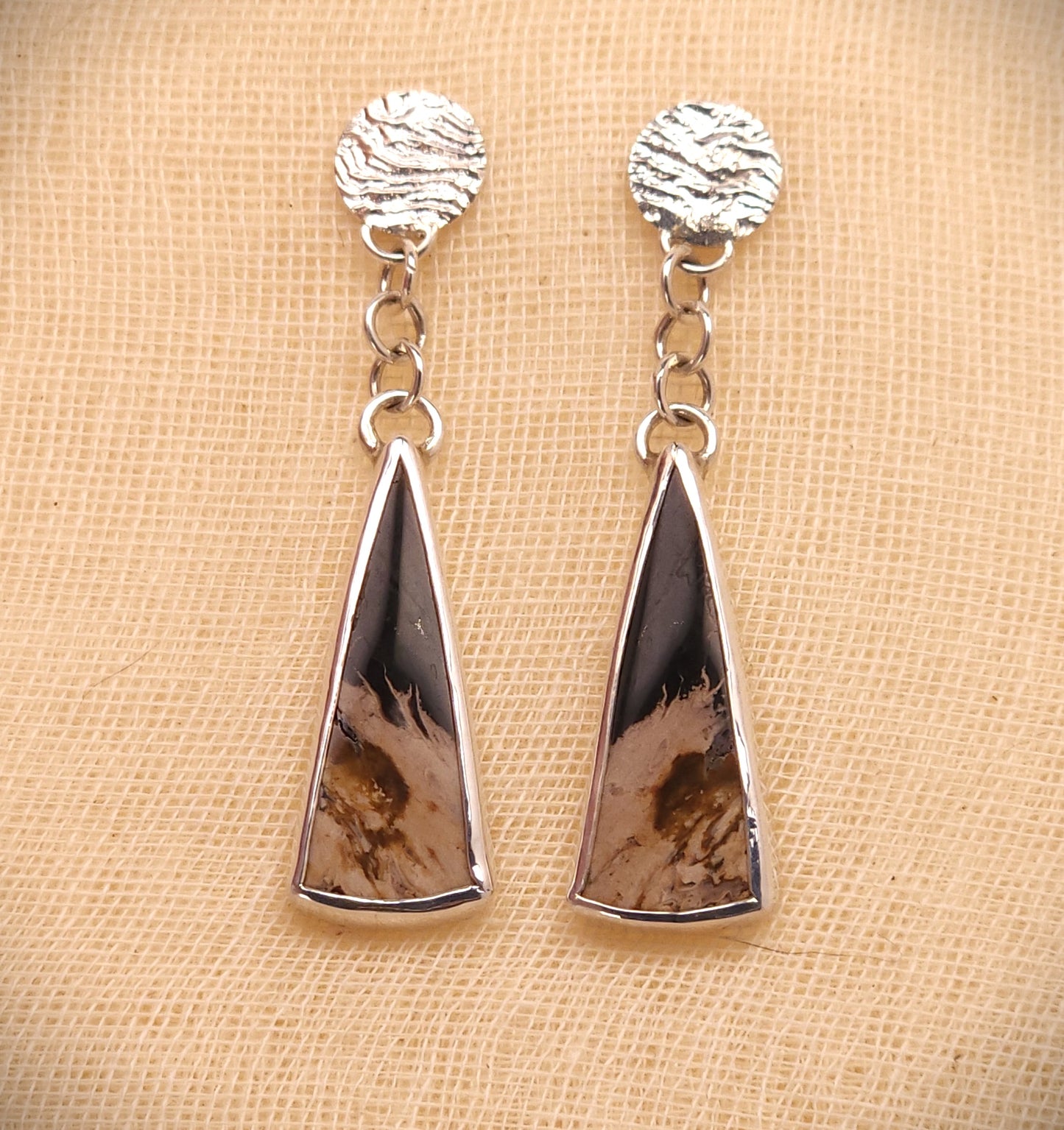 Petrified Palm Wood Reticulation Silver Dangle Earrings