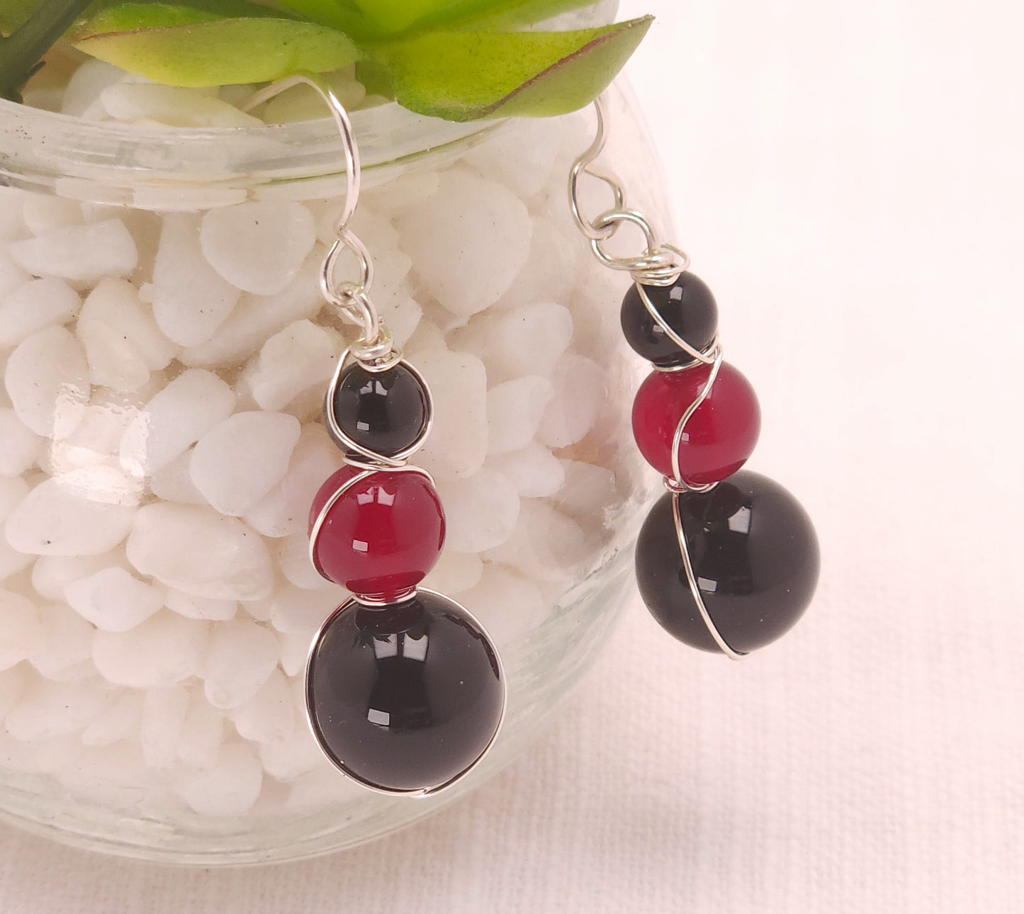 Onyx and Red Jade Wrapped Dangle Earrings