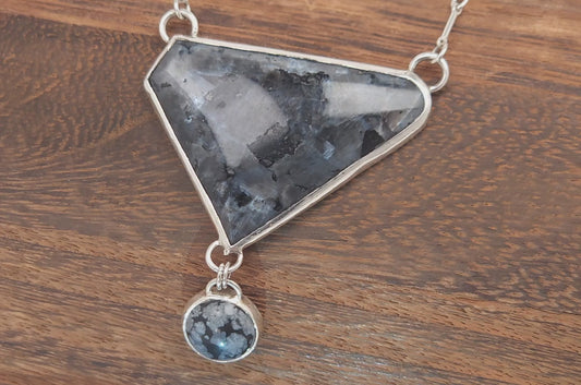 Larvikite and Snowflake Obsidian Silver Pendant