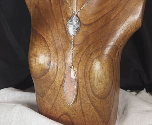 Pink Petoskey Stone Lariat Silver Pendant